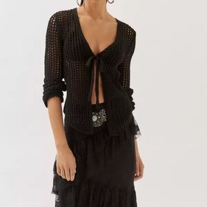 Urban Outfitters Ecote Joleen Open Knit Flyaway Black Crochet Cardigan Womens XS